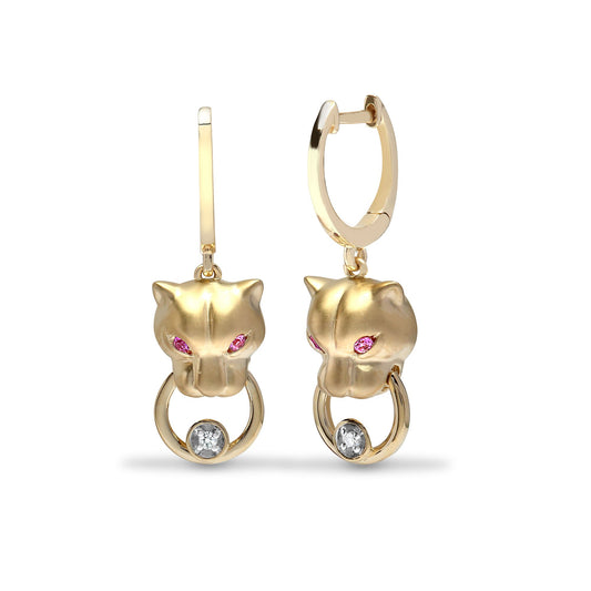 9ct Yellow Dia-4pts P.Saph-6pts Panther Earrings