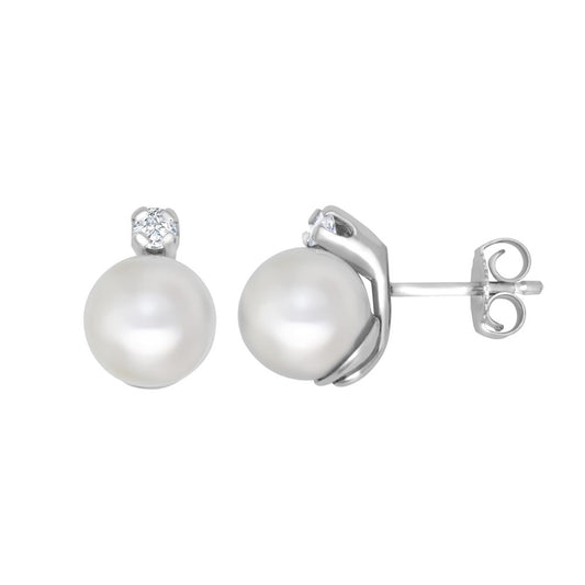 9ct White Dia-10pts 7.0-7.5mm Cultured Pearl Stud Earrings