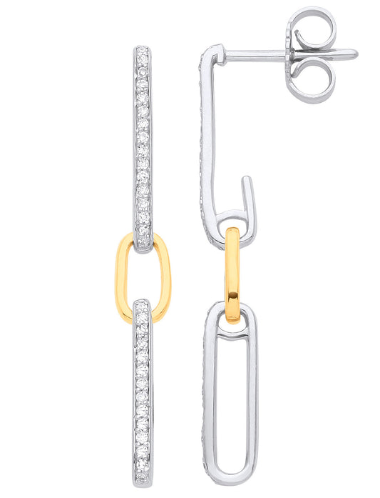 9ct White & Yellow Gold 0.18ctw Link Drop Diamond Earrings - 9ct Gold