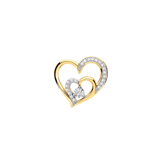 9ct Yellow Gold & Diamond Double Heart Pendant - 9ct Gold