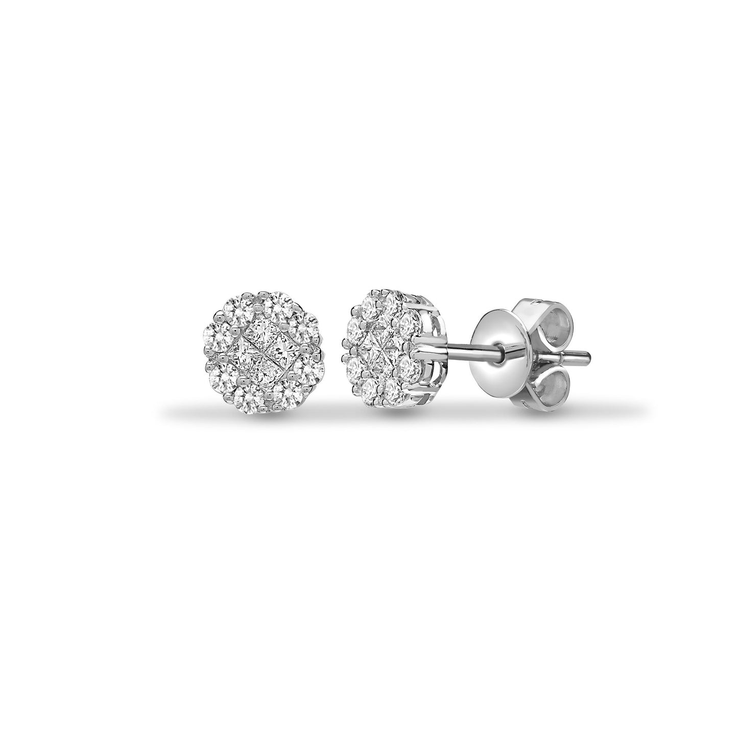 18ct White 1.00ct Princess & Round Natural Diamond Cluster Studs