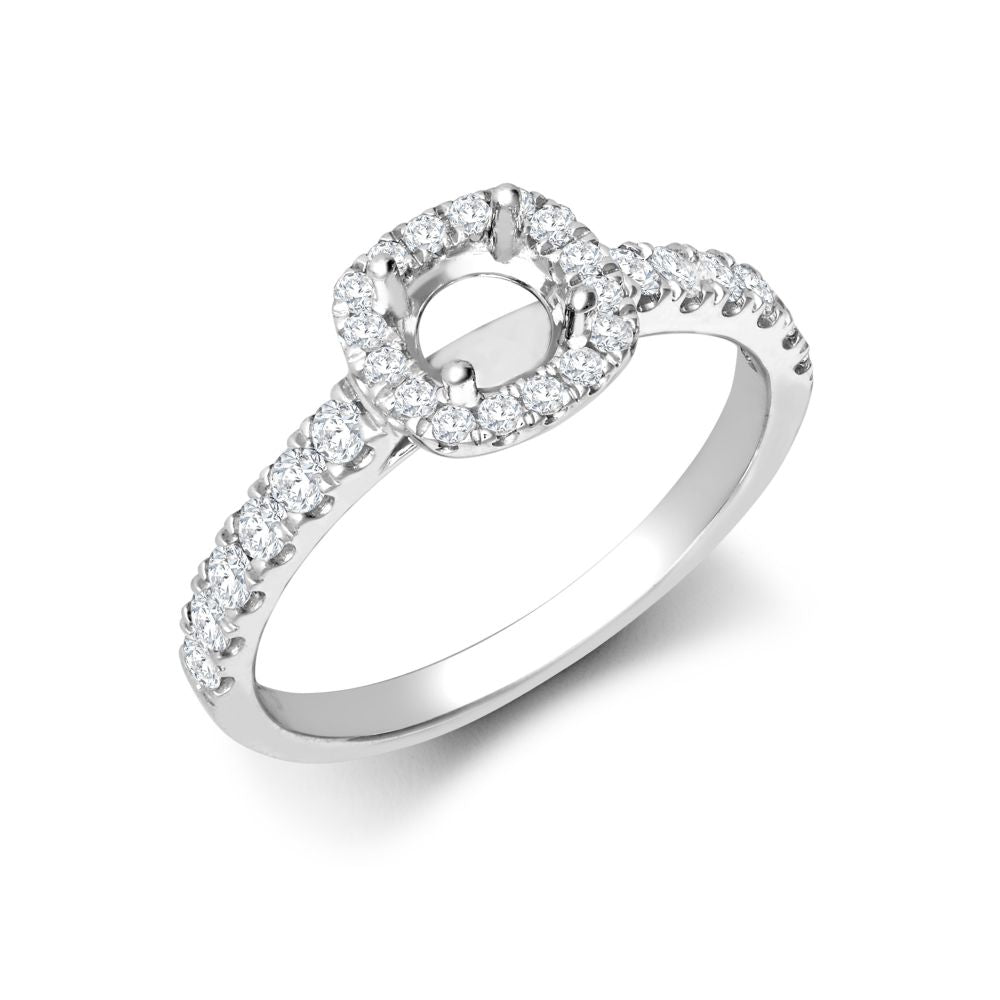 18ct White Gold 0.34ct Natural Diamond Micro-set Cushion-shaped Halo and Shoulders Wed-fit Ring Mount- Holds 0.50ct