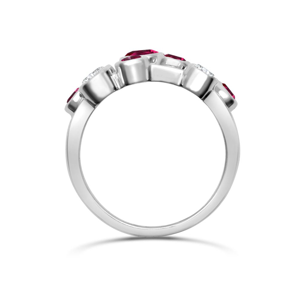 18ct White Gold 0.35cts Natural Diamond 0.89cts Ruby 3 Row Bubble Ring
