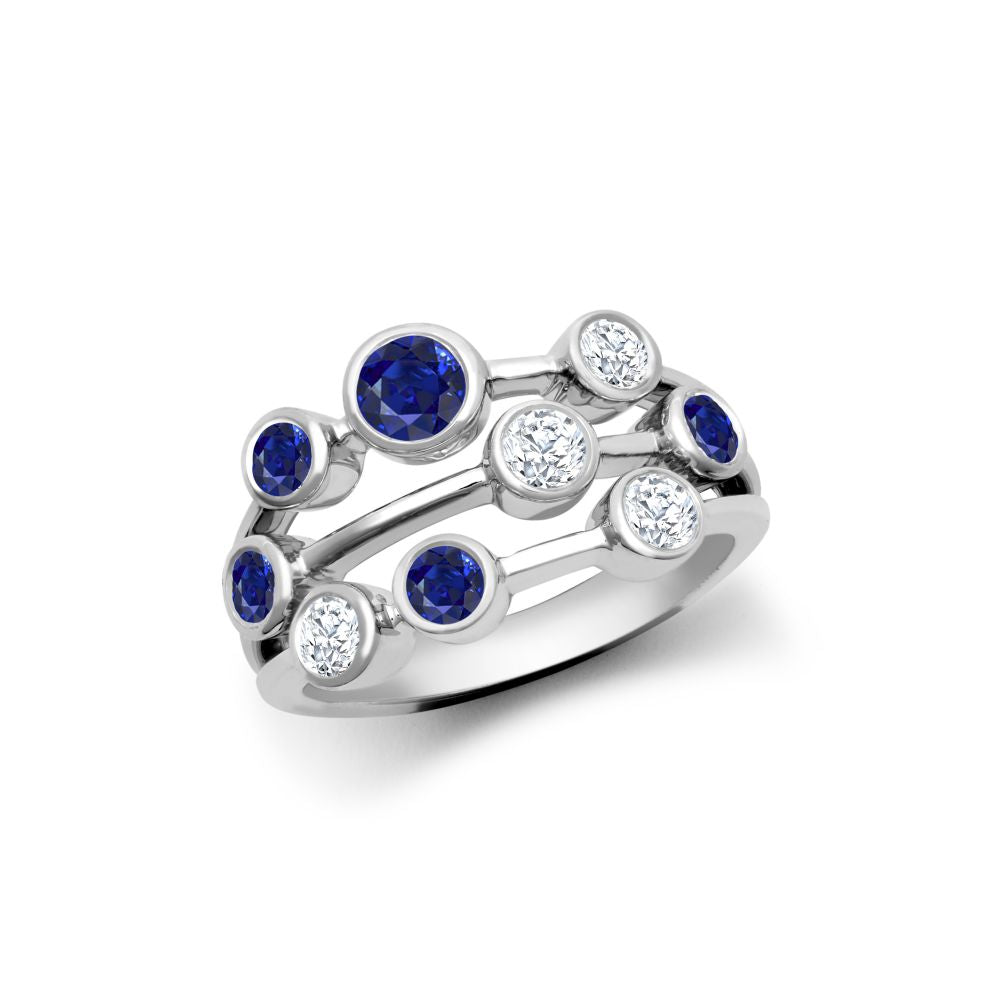 18ct White Gold 0.35cts Natural Diamond 0.89cts Sapphire 3 Row Bubble Ring