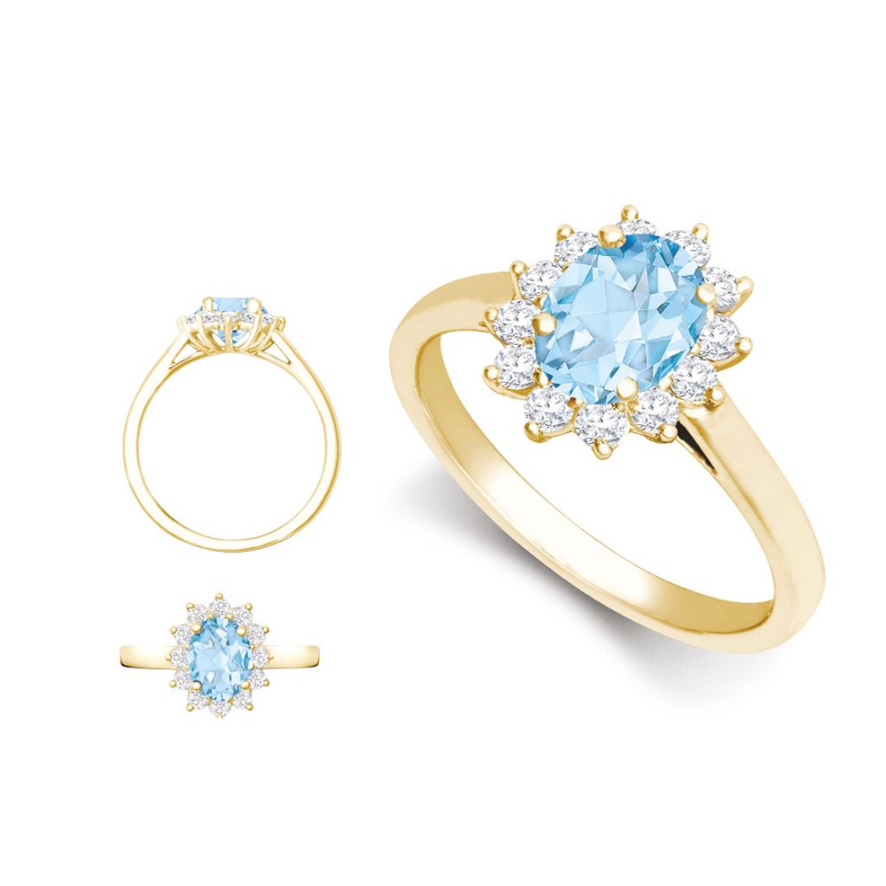 I | 18ct Yellow Gold 0.62ct Natural Diamond Claw-set Cluster Halo Oval Ring - Holds 8x6mm Aquamarine 1.25cts