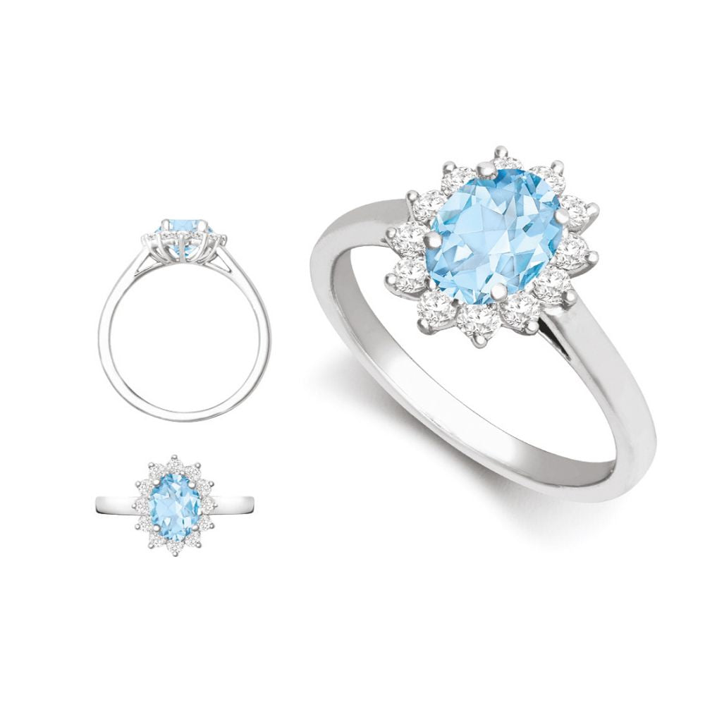I | 18ct White Gold 0.96ct Natural Diamond Claw-set Cluster Halo Oval Ring - Holds 9x7mm Aquamarine 2.00cts