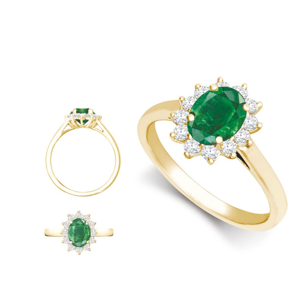 I | 18ct Yellow Gold 0.96ct Natural Diamond Claw-set Cluster Halo Oval Ring - Holds 9x7mm Emerald 2.00cts