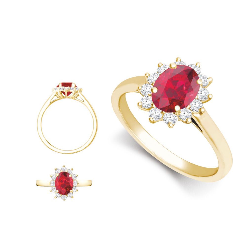 I | 18ct Yellow Gold 0.35ct Natural Diamond Claw-set Cluster Halo Oval Ring - Holds 7x5mm Ruby 0.75cts