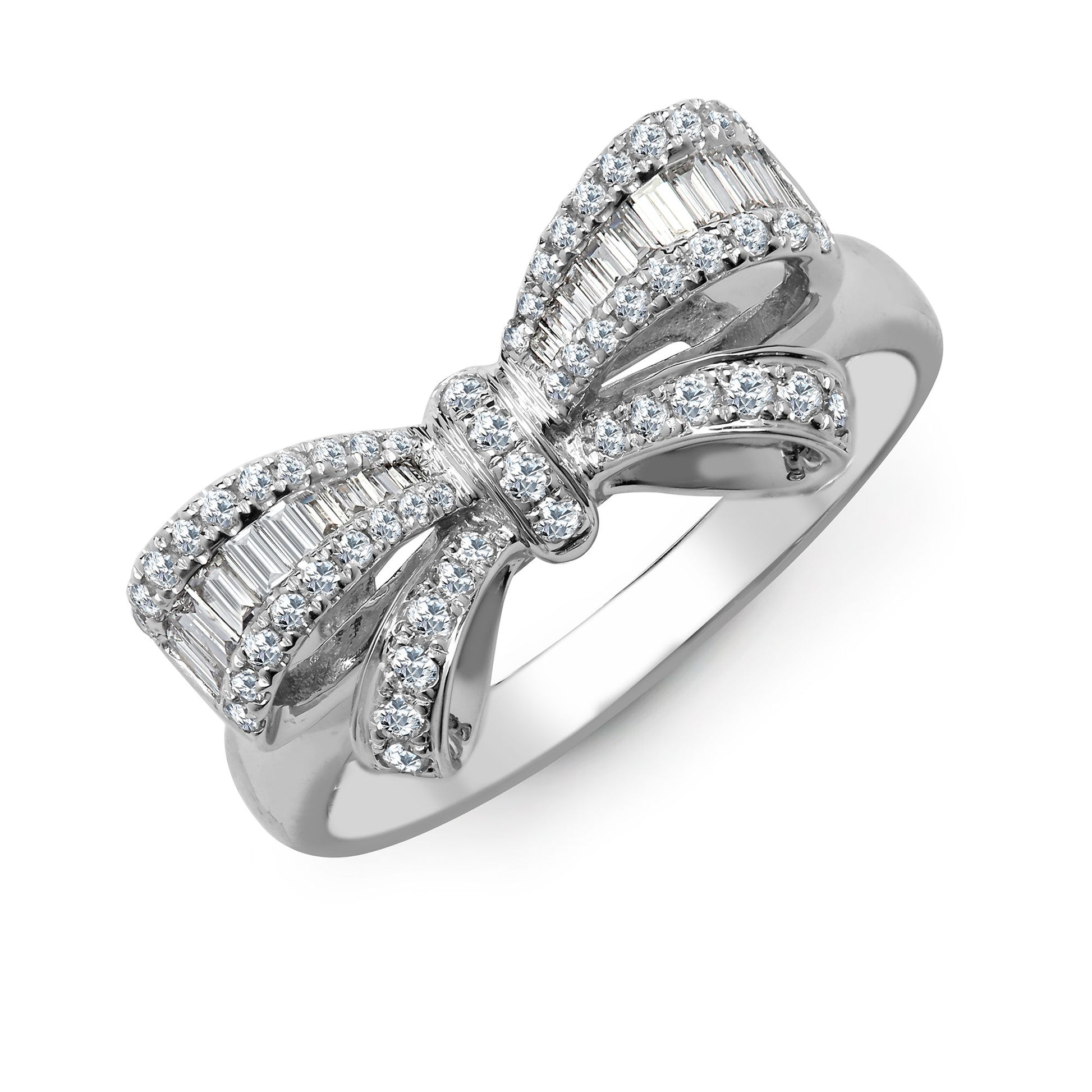 18ct White Gold 0.46ct Natural Diamond Round Brilliant Cut & Baguette Bow Ring