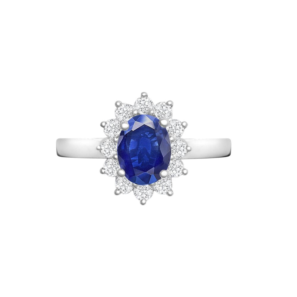 I | 18ct White Gold 0.35ct Natural Diamond Claw-set Cluster Halo Oval Ring - Holds 7x5mm Sapphire 0.75cts