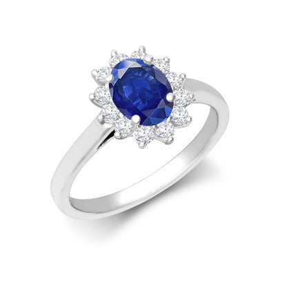 I | 18ct White Gold 0.35ct Natural Diamond Claw-set Cluster Halo Oval Ring - Holds 7x5mm Sapphire 0.75cts