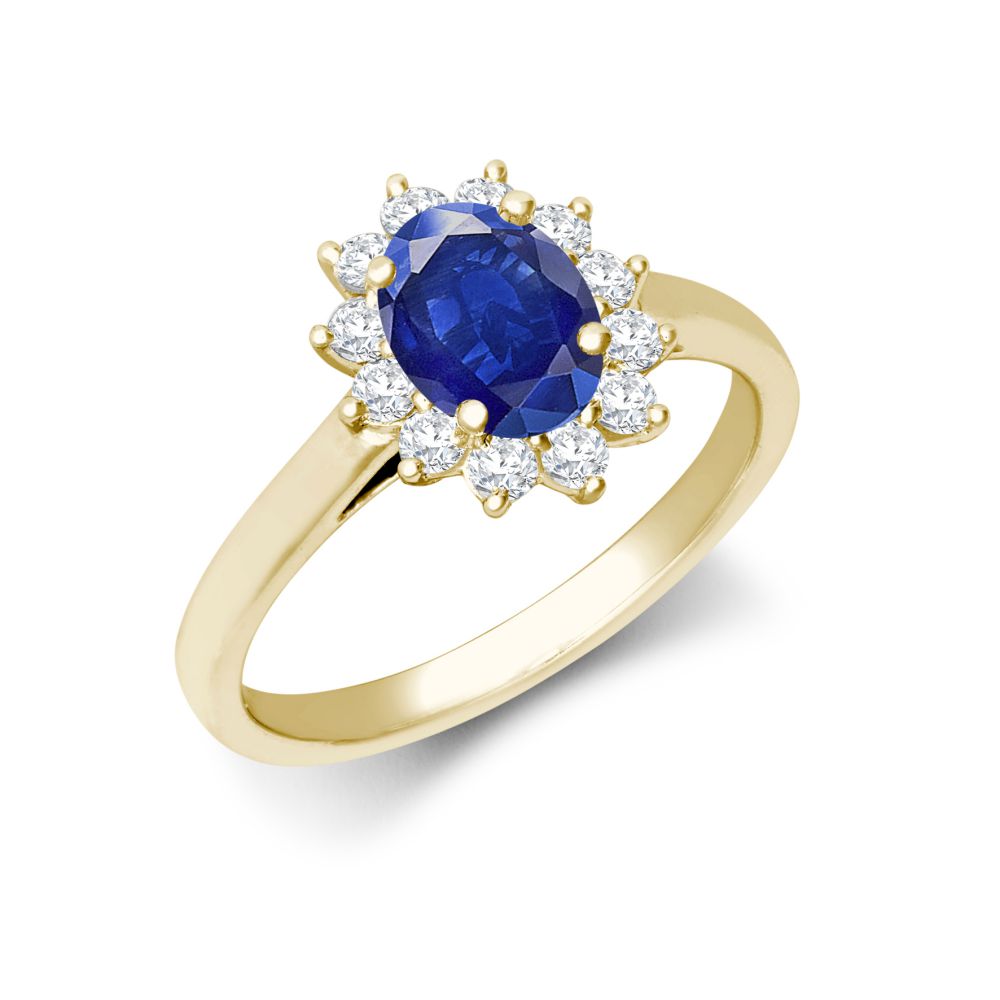 I | 18ct Yellow Gold 0.35ct Natural Diamond Claw-set Cluster Halo Oval Ring - Holds 7x5mm Sapphire 0.75cts