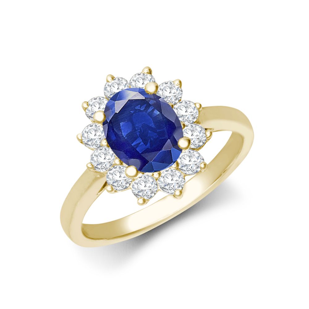 I | 18ct Yellow Gold 0.62ct Natural Diamond Claw-set Cluster Halo Oval Ring - Holds 8x6mm Sapphire 1.25cts