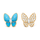 Two Butterfly Earrings in 18K Yellow Gold with Diamonds and Turquoise