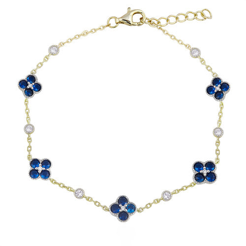 925 Silver 14ct Gold Plated Cubic Zirconia Set Clover Bracelet Blue