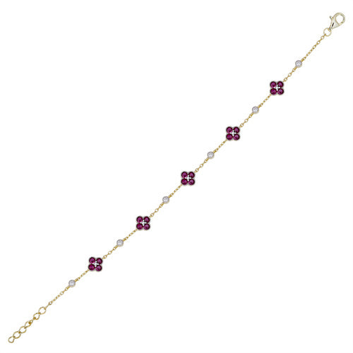 925 Silver 14ct Gold Plated Cubic Zirconia Set Clover Bracelet Red