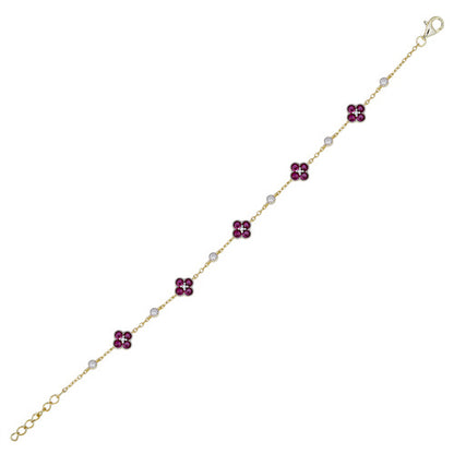 925 Silver 14ct Gold Plated Cubic Zirconia Set Clover Bracelet Red