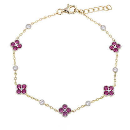 925 Silver 14ct Gold Plated Cubic Zirconia Set Clover Bracelet Red