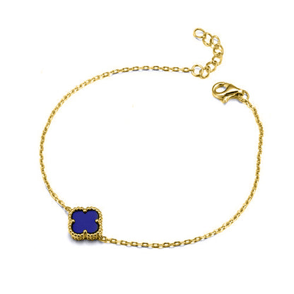 925 Silver 14ct Gold Plated Single Blue Agate Clover Bracelet