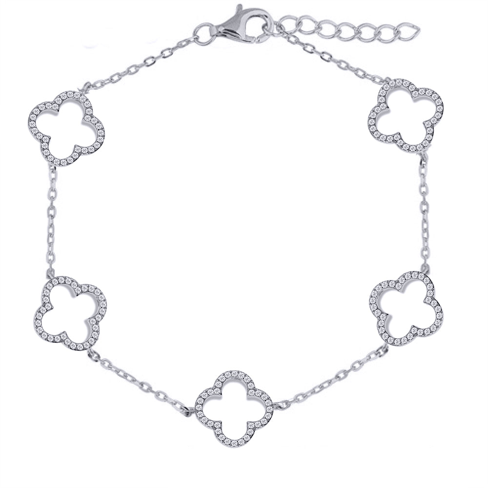 925 Silver Rhodium Plated Cubic Zirconia Set Clover Bracelet