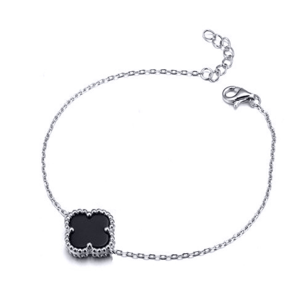 925 Silver Rhodium Single Clover Bracelet Black Onyx Colour