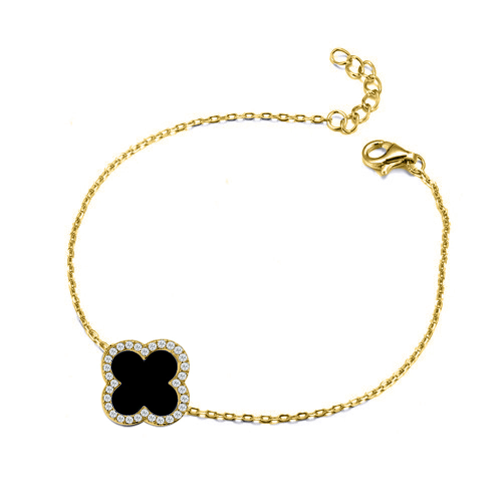 925 Silver 14ct gold Plated Cubic Zirconia Set Single Clover Bracelet Black Onyx Colour
