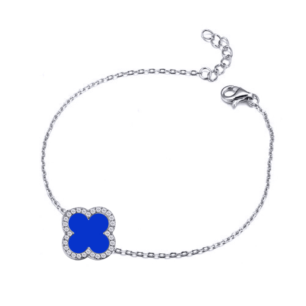 925 Silver Rhodium Cubic Zirconia Set Single Clover Bracelet Blue Agate Colour