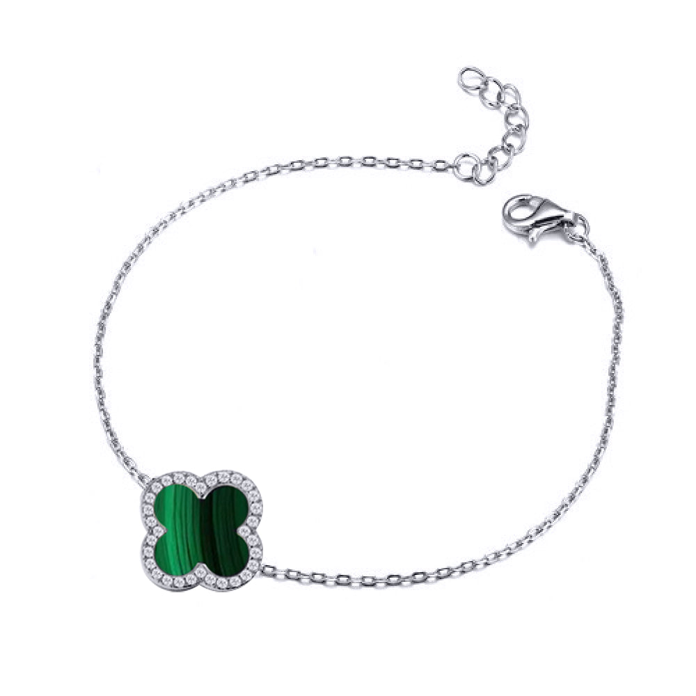 925 Silver Rhodium Cubic Zirconia Set Single Clover Bracelet Malachite Green Colour