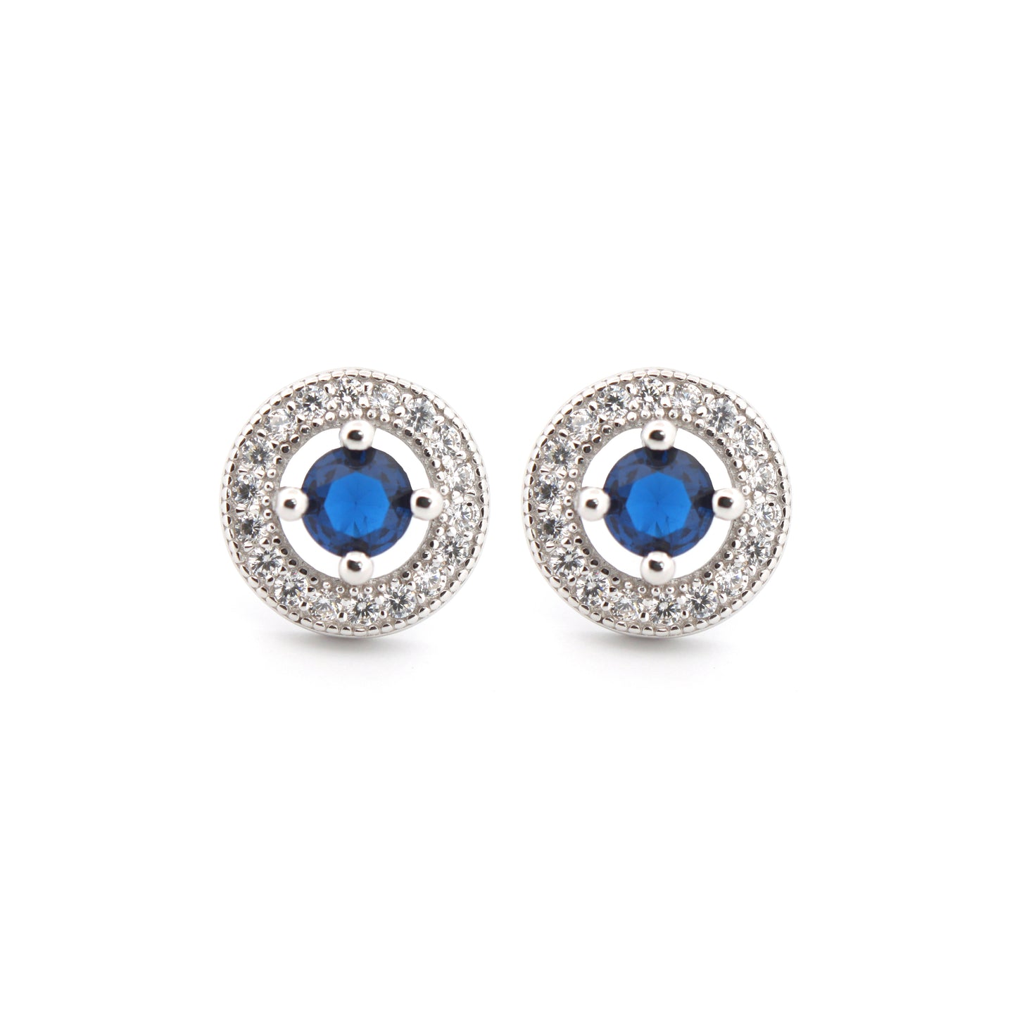 925 Silver Rhodium Halo Studs Sapphire Centre Cubic Zirconia