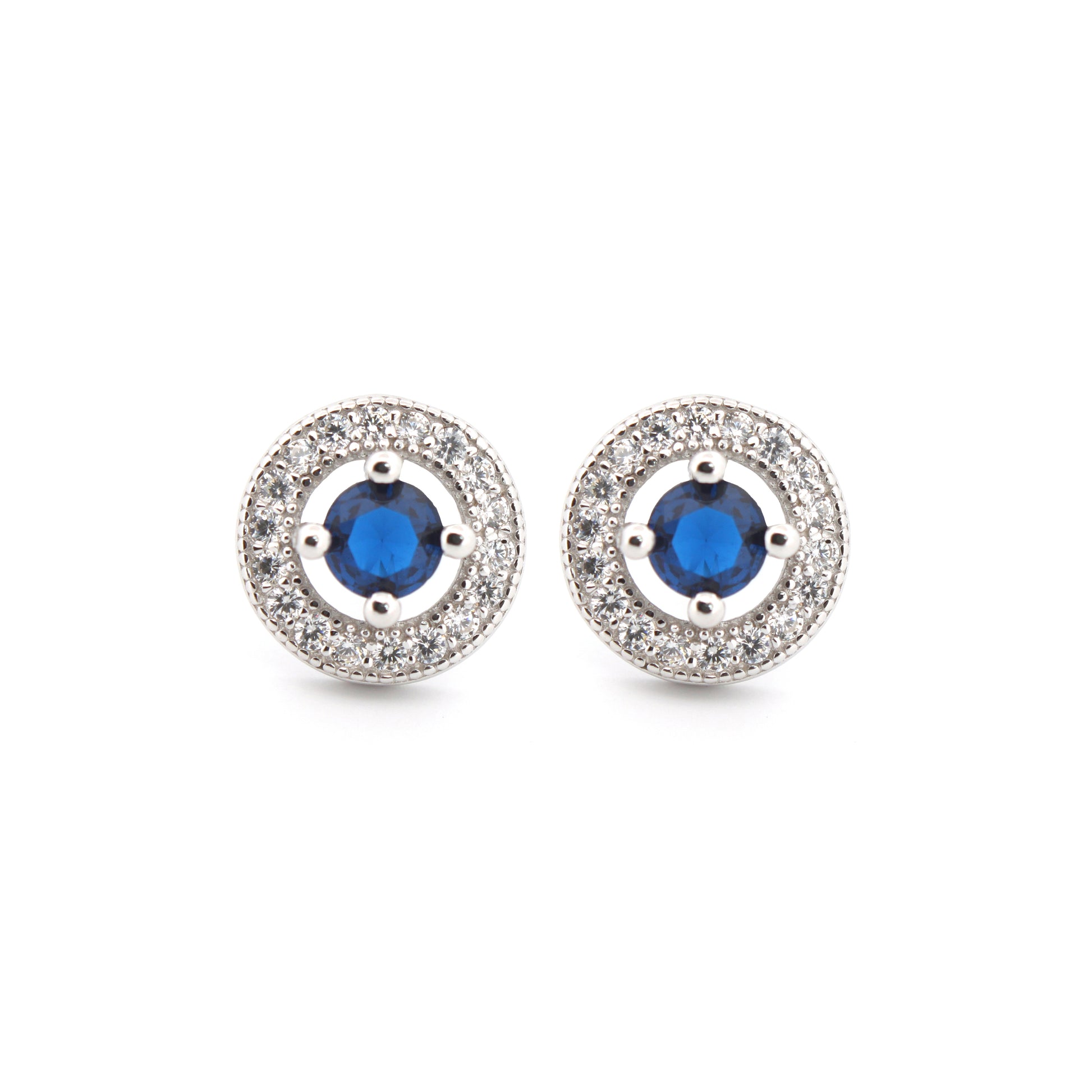 925 Silver Rhodium Halo Studs Sapphire Centre Cubic Zirconia