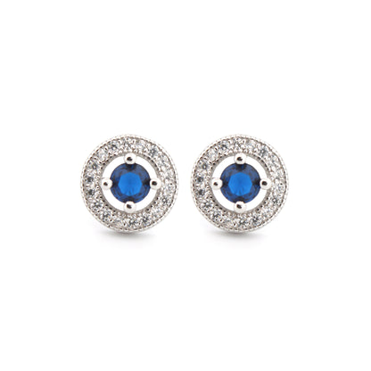 925 Silver Rhodium Halo Studs Sapphire Centre Cubic Zirconia