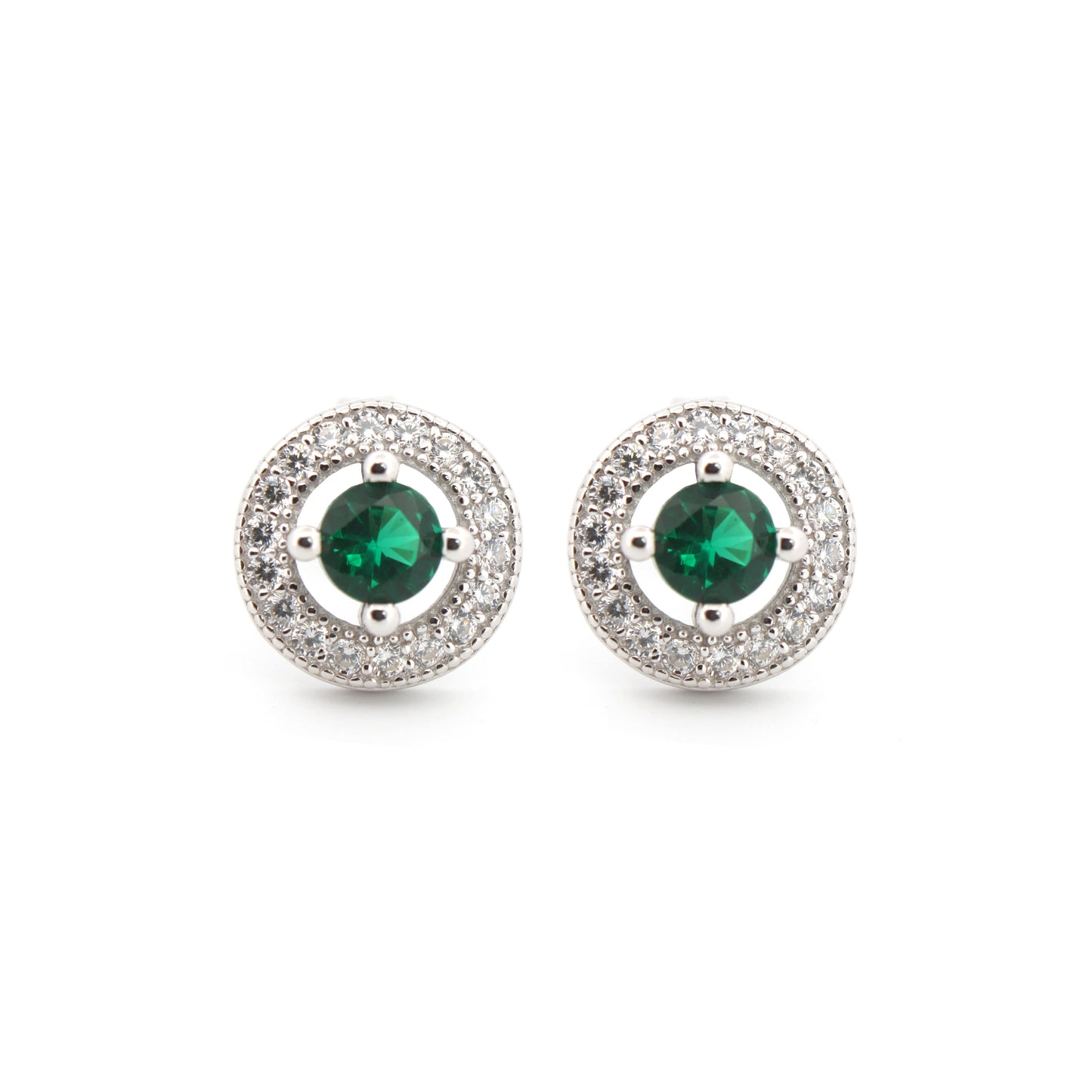 925 Silver Rhodium Halo Studs Emerald Centre Cubic Zirconia