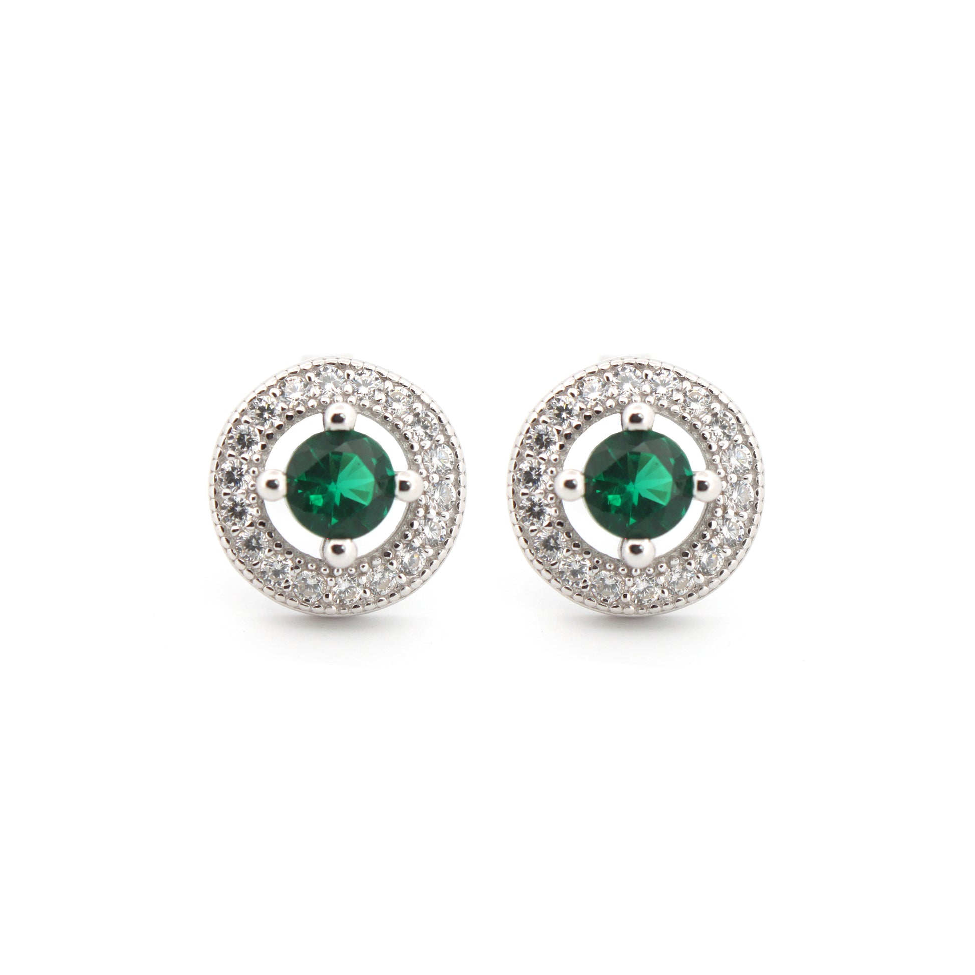 925 Silver Rhodium Halo Studs Emerald Centre Cubic Zirconia
