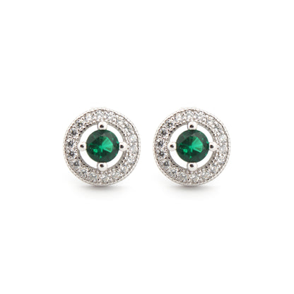 925 Silver Rhodium Halo Studs Emerald Centre Cubic Zirconia