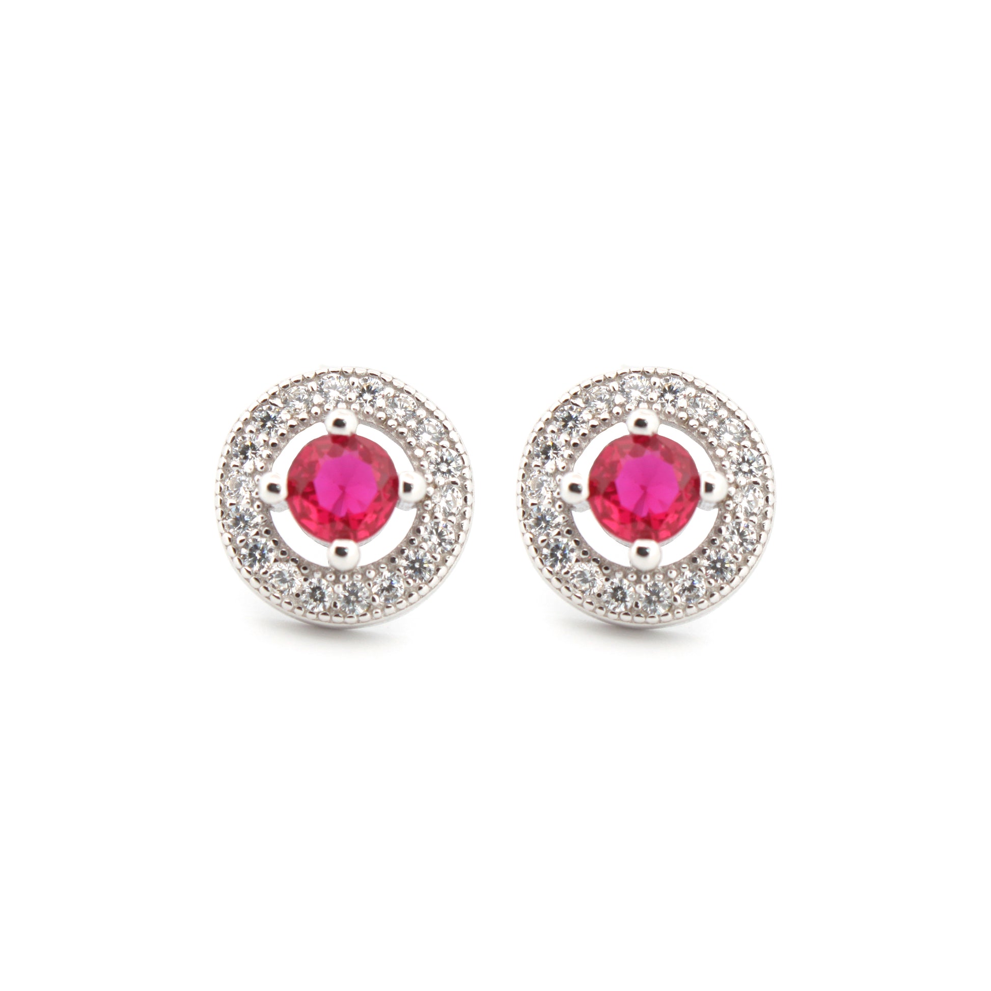 925 Silver Rhodium Halo Studs Ruby Centre Cubic Zirconia