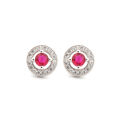 925 Silver Rhodium Halo Studs Ruby Centre Cubic Zirconia