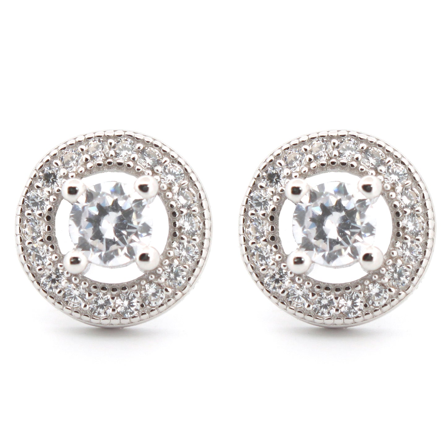 925 Silver Rhodium Halo Cubic Zirconia Studs White