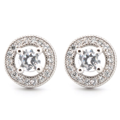925 Silver Rhodium Halo Cubic Zirconia Studs White