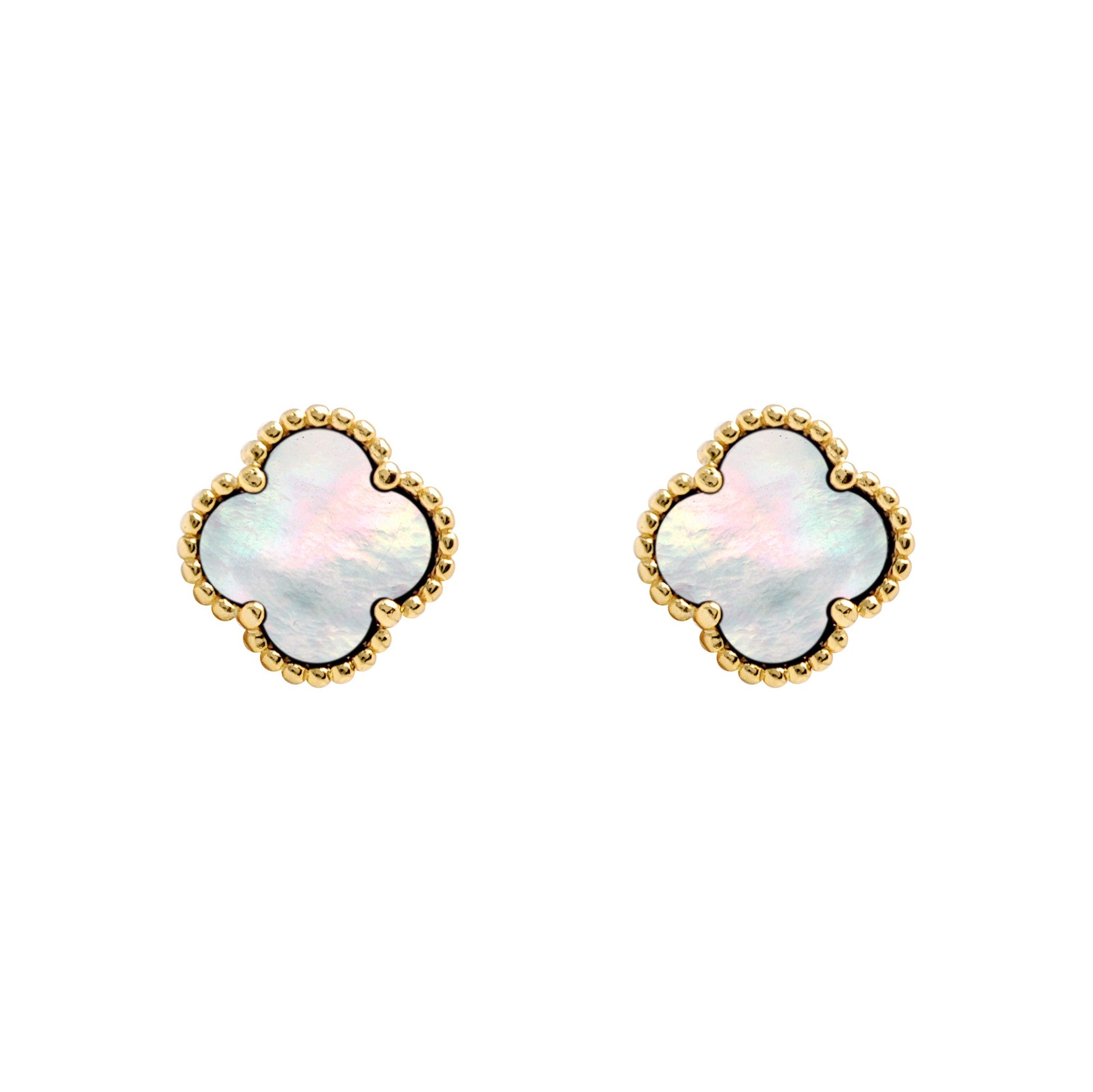 925 Silver 14ct gold Plated 5 Clover Stud Earrings MOP White Colour