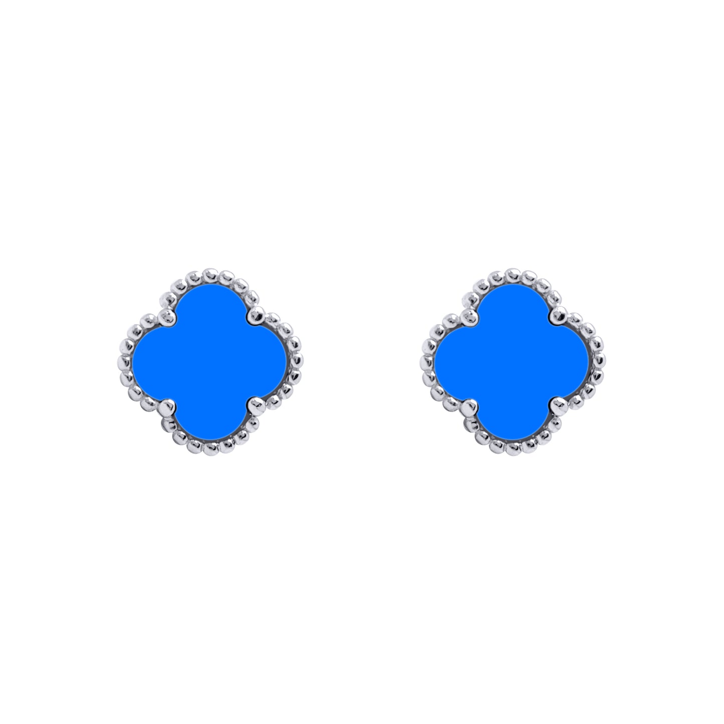 925 Silver Rhodium 5 Clover Stud Earrings Blue Agate Colour