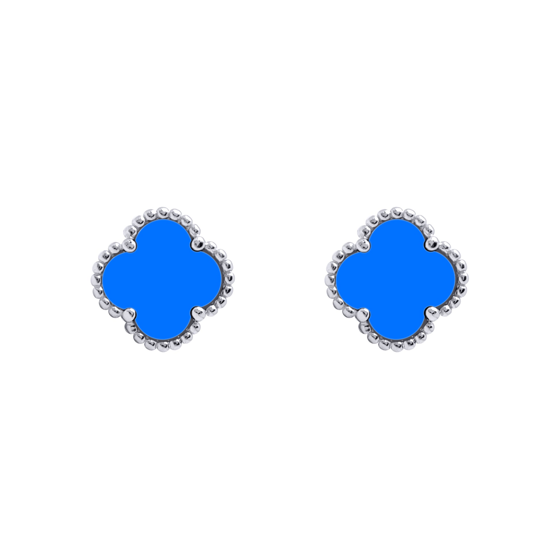 925 Silver Rhodium 5 Clover Stud Earrings Blue Agate Colour