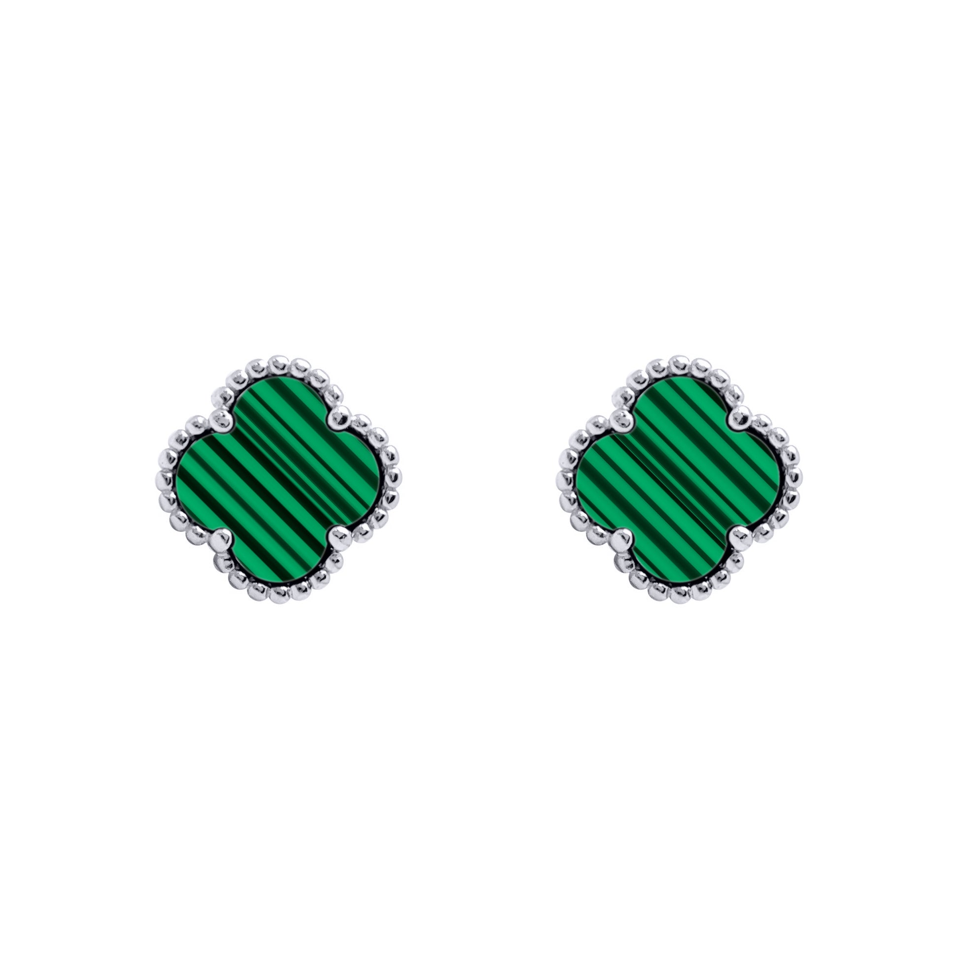 925 Silver Rhodium 5 Clover Stud Earrings Malachite Green Colour