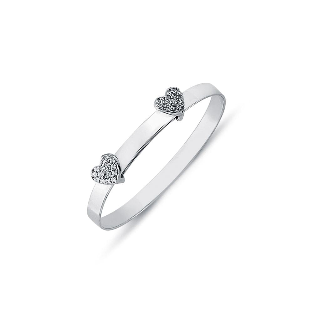 925 Sterling Silver Cubic Zirconia Set Twin Heart Expanding Baby / Childrens Bangle