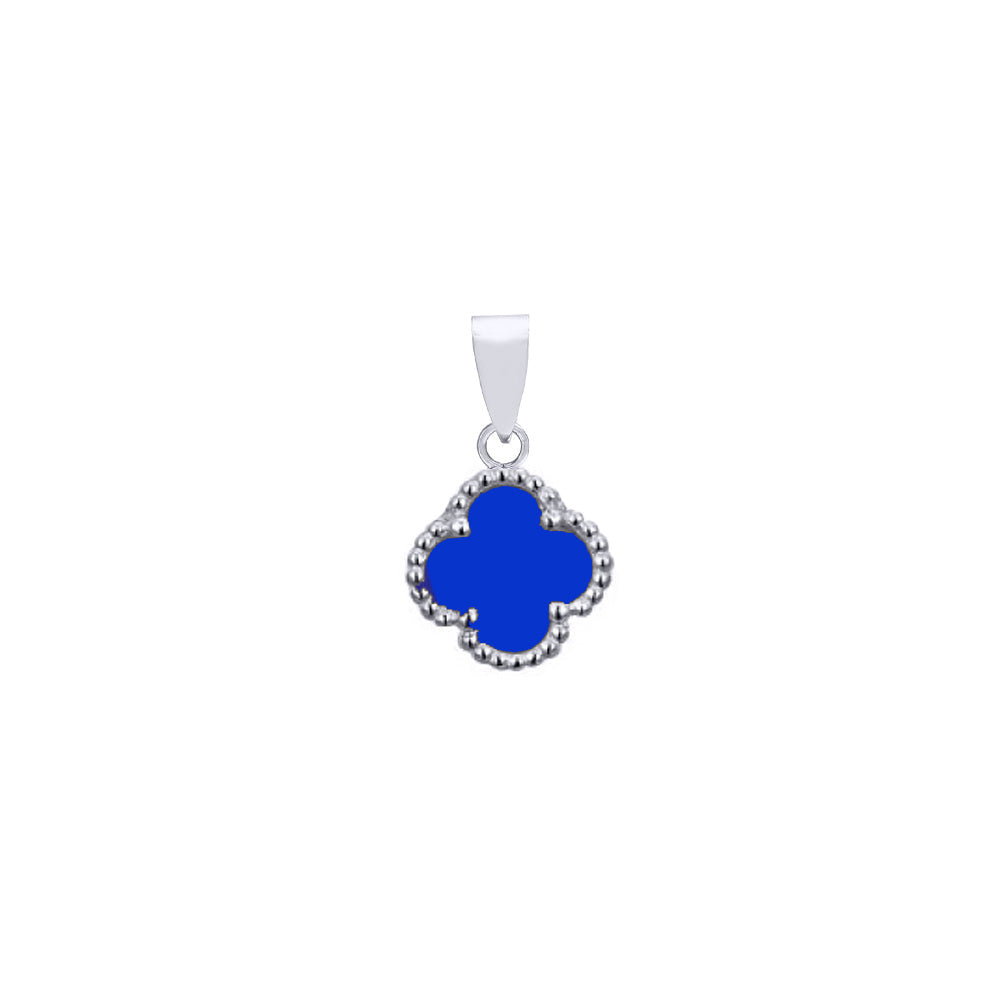 925 Silver Rhodium Single Clover Pendant Blue Agate Colour