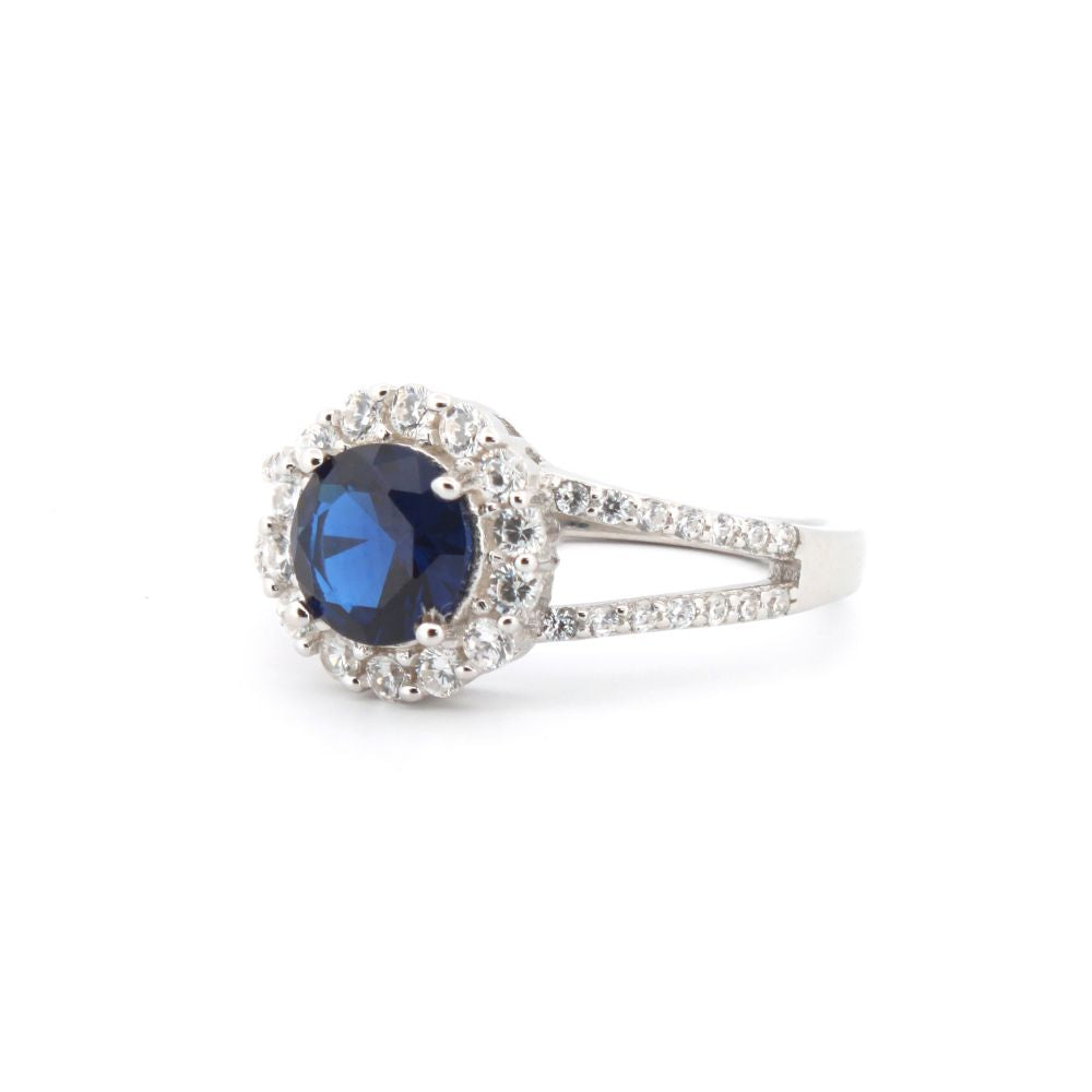 925 Silver Rhodium Cubic Zirconia Set Round Cluster Sapphire Blue Centre
