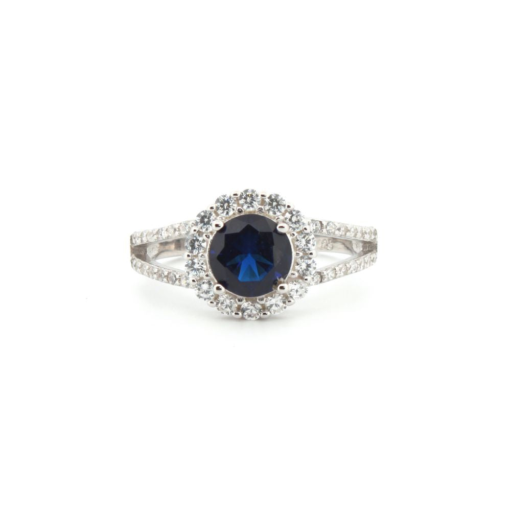 925 Silver Rhodium Cubic Zirconia Set Round Cluster Sapphire Blue Centre