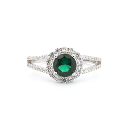 925 Silver Rhodium Cubic Zirconia Set Round Cluster Emerald Green Centre