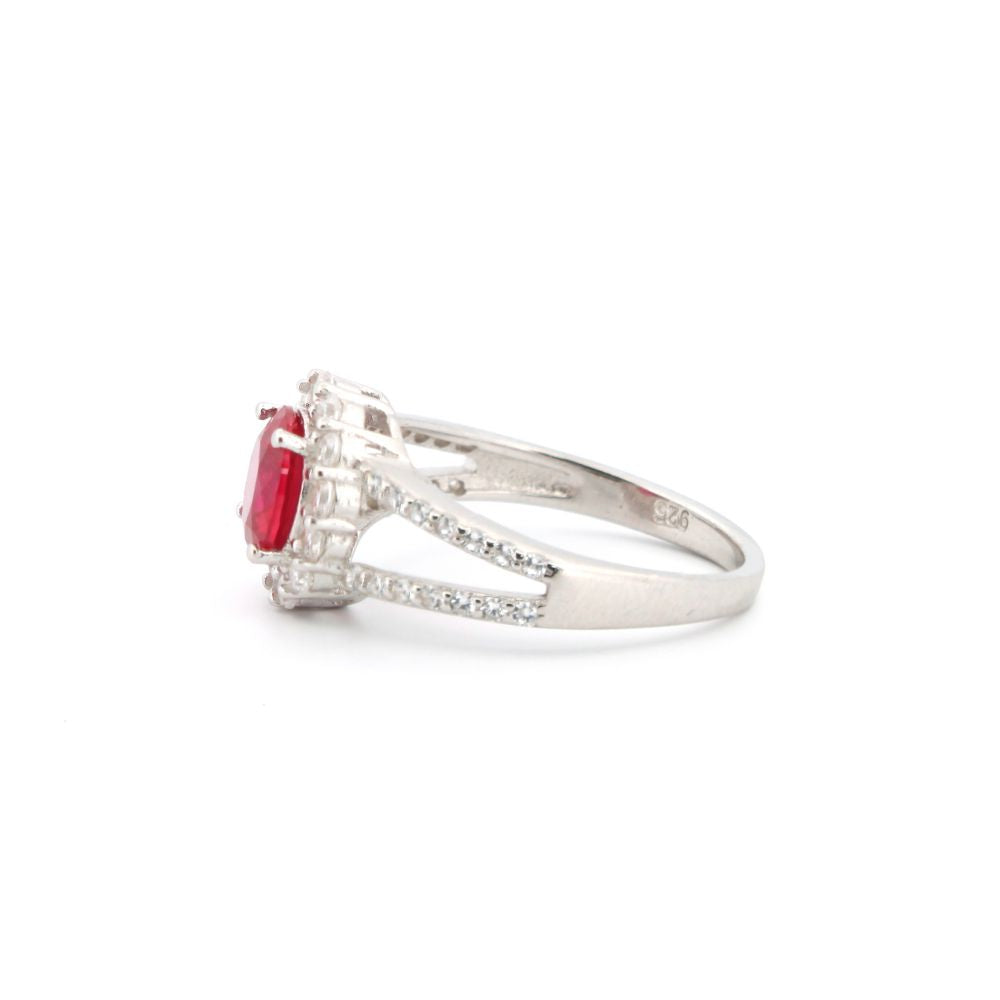 925 Silver Rhodium Cubic Zirconia Set Round Cluster Ruby Red Centre