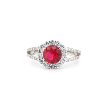 925 Silver Rhodium Cubic Zirconia Set Round Cluster Ruby Red Centre
