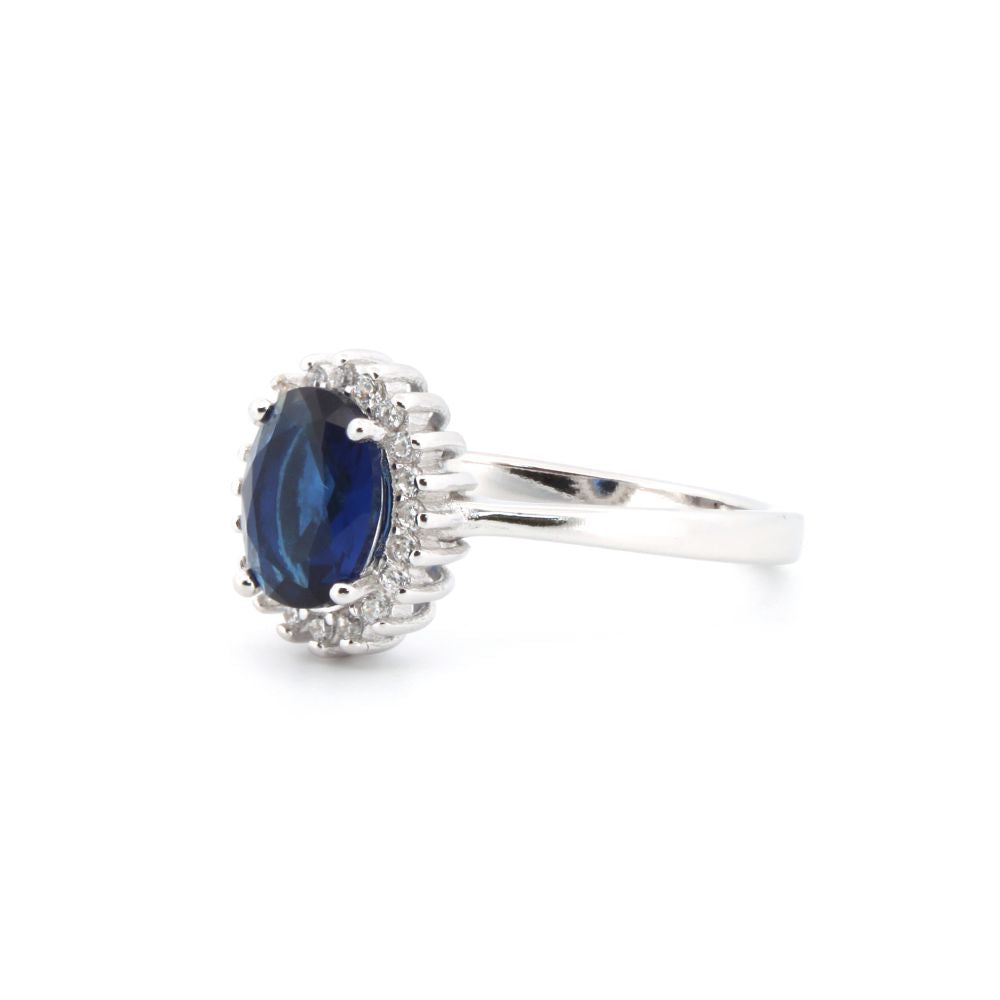 925 Silver Rhodium Cubic Zirconia Set Oval Cluster Sapphire Blue Centre